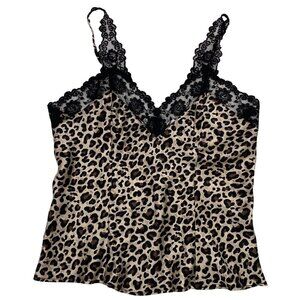 Vintage silk Leopard Print Lace Trim Silk Cami Top Small Silkscreen Sleeveless L